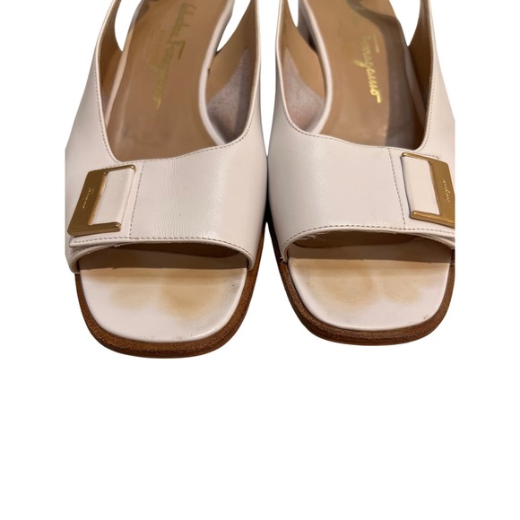 Salvatore Ferragamo White Leather Slingback Heels Gold Buckle Women's Size 9.5 B - Picture 2 of 15